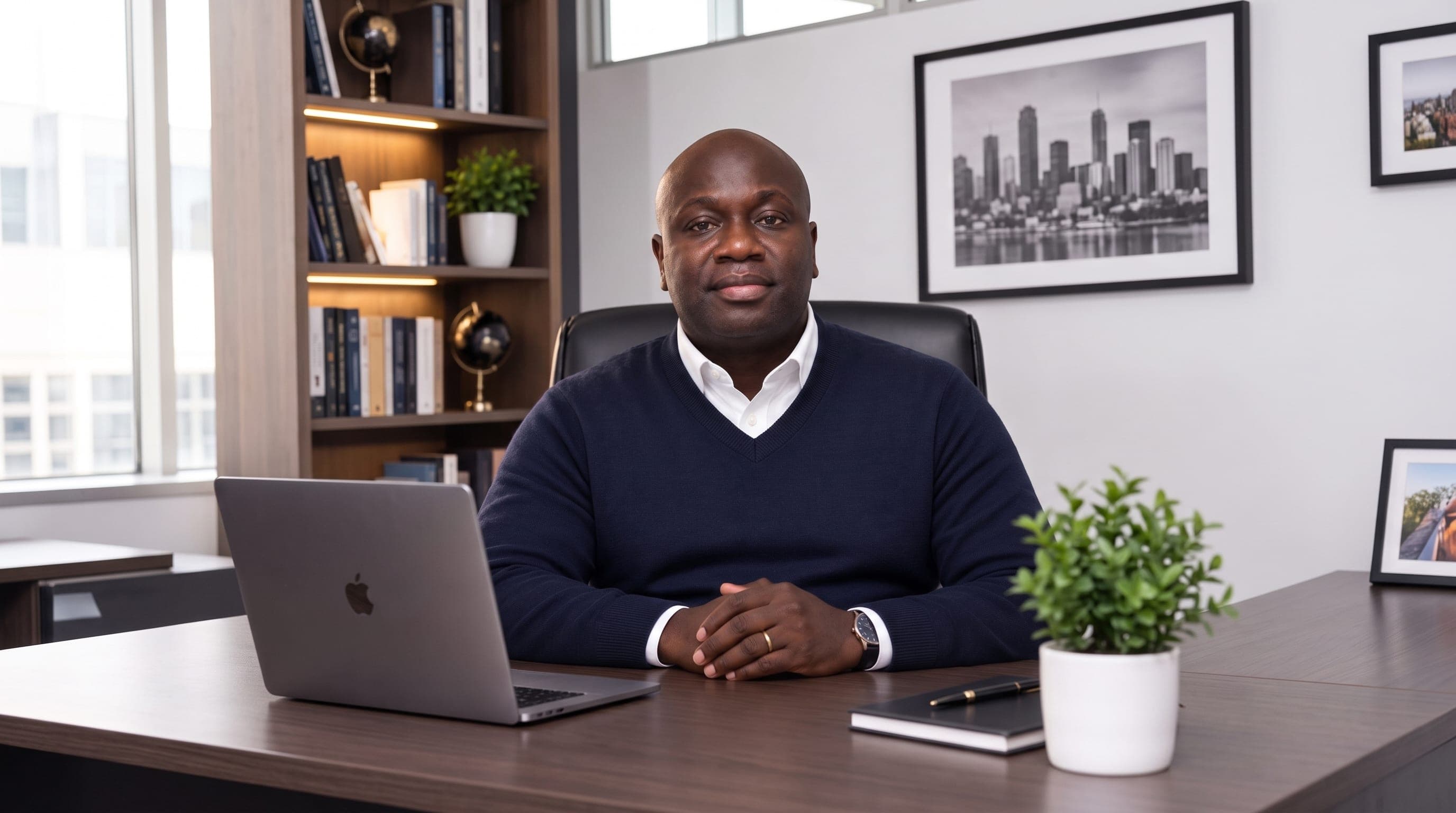 Messan Lawson, PMHNP-BC, board-certified psychiatric nurse practitioner, at his desk